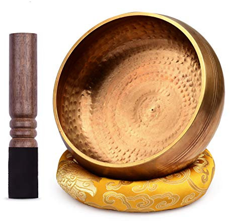Cuenco de canto,KOCAN Juego de cuencos tibetanos para cantar con cuenco grande de metal hecho a mano de 20,5 cm/8 pulgadas y cojín suave (entrega de colores al azar) y delantero de madera para meditac