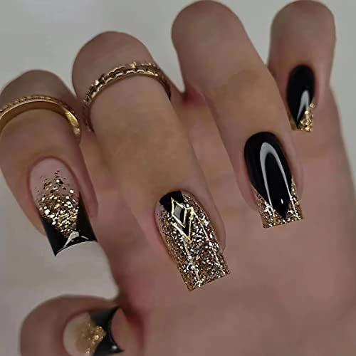 Brishow French künstliche Nägel Gold Glitzer Press on Nails Schwarz Nägel zum Aufkleben Ballerina Acryl Falsche Nägel 24pcs für Frauen und Mädchen