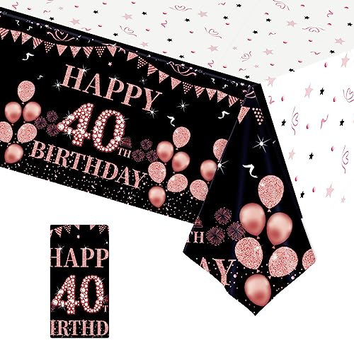 137*274cm Black Rose Gold 40th Birthday Table Cloth for Women,Happy 40th Birthday Table Decorations Plastic Tablecloths Disposable Tablecover for Woman,Ladies,Her 40th Birthday Gifts Party Decoration