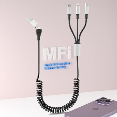 Coiled Multi Charging Cable: 5 in 1 USB A & USB C to Lightning + USB C + Micro USB Fast Charging Cord, Lightning with Data & Apple CarPlay for iPhone 15 14 13 12 11 X 8 Series & Android Phone, Black