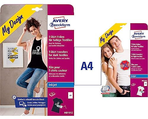 AVERY Zweckform 10 Textilfolien & MD1002 10 Textilfolien (für helle Textilien, DIN A4, bedruckbare T-Shirt Folie zum Aufbügeln, Transferfolie für Inkjet-/Tintenstrahldrucker, Bügelfolie), weiß