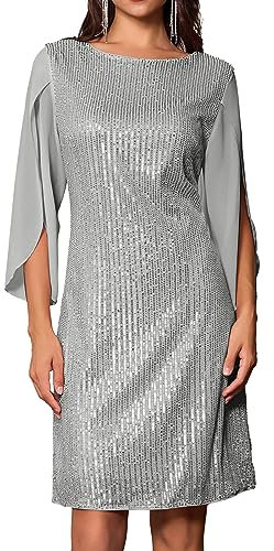 GRACE KARIN Damen Party Cocktailkleid Pailletten Kleid 3/4 Ärmel Club Glitzer Kleid Vintage MidiKleid Festlich Hochzeit Abendkleid M Silber Grau-Pailletten CL1812A22-06