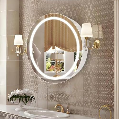 Janboe 66cm Round Mirror Cabinet with Lights,with Defogger,Dimmable,Anti-Fog,3 Colors,White