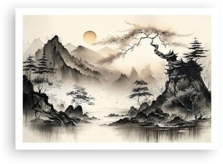 Poster 100x70 cm Wandbild Kunstdruck Landschaften Vintage - 5777 - P2X | Asien Japan Sicht Wandposter ohne Rahmen Wohnzimmer Schlafzimmer Küche Büro ohne Rahmen Wanddeko Kunstposter ARTTOR