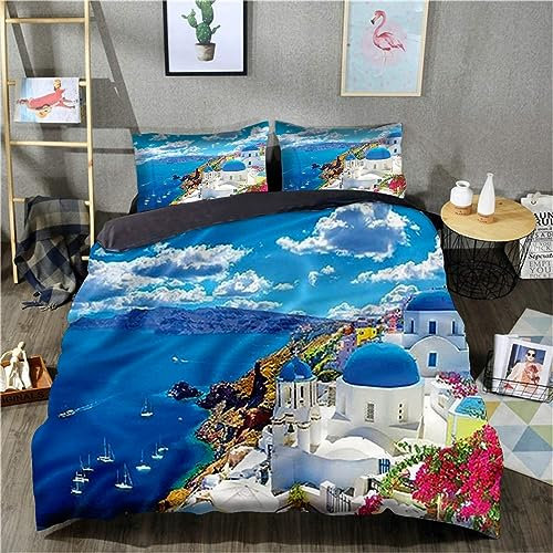 Bettbezug-Set, 3D-Bettwäsche-Set, Mikrofaser Bettbezug Mit Reißverschluss 3-Teiliges Set Bettdeckenbezug 160x200cm Gebäude