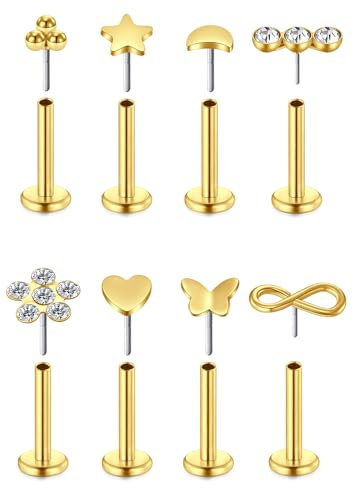 WillTen 8PCS Piercing Labio Oro, 16G 8mm Tragus Acero Quirúrgico con Circonita Cúbica, Nariz Stud Labio Barra Cartílago Hélix Piercing Joyería para Mujeres Niñas