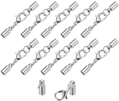 QUARKZMAN 10 Sets 4mm Lederkordel-Endkappen mit Karabinerverschlüssen, Fassabschlüssen für die DIY-Herstellung von Lederarmbändern, Rhodium-Ton