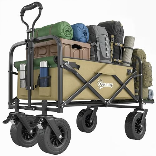 Outsunny Carrello da Giardino Pieghevole 110L con Maniglia Telescopica | Fondo Apribile, Carrello da Campeggio, Portabicchieri, Ruote, per Giardino Pesca Spesa Cachi