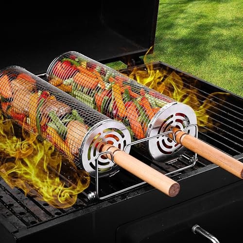Rolling Grill Basket(2PCS) with Detachable Handle, 304 Stainless Steel BBQ Accessory for Vegetables and Meat, Suitable for Outdoor BBQ and Camping