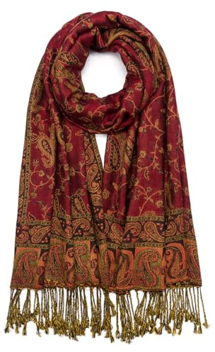 QIUTIMIY Paisley Pashmina Schal für Damen, wendbar, Vintage, Jacquard, Pashmina, Rave-Schal mit Fransen für Abend, Hochzeit, Blume 1 - Weinrot, 180 * 70CM