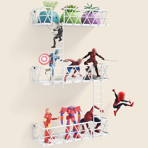 LUDOUR Fire Escape Wandregal – 3 Etagen Fire Escape Leiter Wandregal 16,5 Zoll lang, New York Metall dekoratives Regal für Actionfigur-Display, weiße schwebende Wandregale für Schlafzimmer,