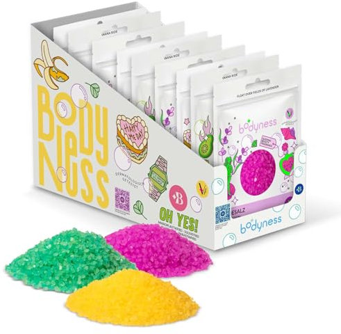 Sales de baño BODYNESS - 9 bolsas de sales de baño, 9 sales de baño de 160 g en 3 colores y fragancias diferentes, aditivo relajante para el baño
