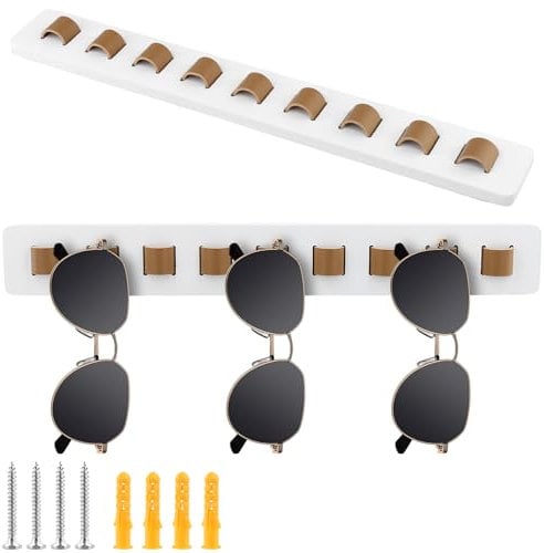 FUNSUEI 2 Stück Brillenaufbewahrung Wand, Brillenaufbewahrung Mehrere Brillen, 40 x 5.5 x 1cm Brillenhalter Holz Wandmontage Weiß, Brillenständer Wandhalterung Sonnenbrillen Organizer Wand für Hängend