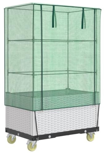 vidaXL Hochbeet mit Aufsatz Rollen, Pflanzbeet mit Eisenrohr-Rahmen, Gemüsebeet für Garten Terrasse Balkon, Pflanzkasten Frühbeet, Rattan-Optik