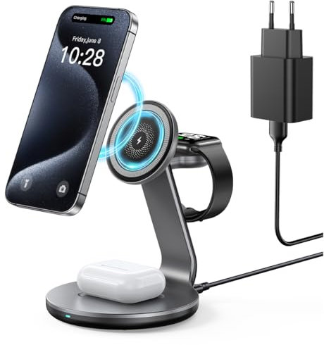 HERRBOL 3-in-1 MagSafe Kabellose Ladestation, kompatibel mit iPhone 16/15/14/13/12/Pro/Pro Max/Mini, für Apple Watch Ultra/8/7/SE/6/5/4/3/2, AirPods 3/2/ Pro (mit Adapter)