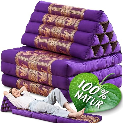 Namasdee Thaikissen 3 Auflagen 175x55x8cm mit 100% natürlicher Kapokfüllung (Lila/Elefanten Seide)