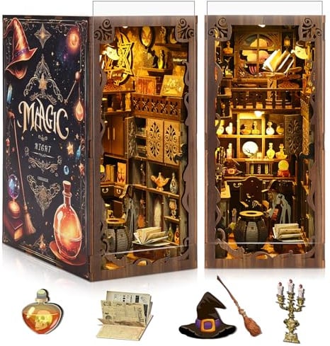 Magic Night Book Nook Kit, DIY 3D Wooden Puzzle Bookends