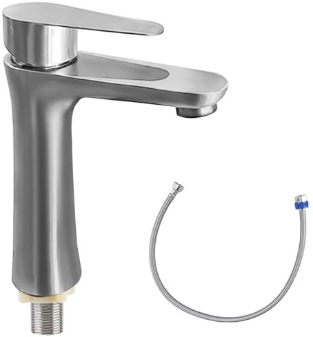 Kaltwasserhahn aus Edelstahl, Kaltwasserarmatur mit 80cm Anschlussschlauch, Wasserhahn Bad Waschtischarmatur Kaltwasser Gäste WC Einhebelarmatur für Badezimmer Gäste WC, Silber