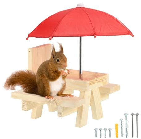 PATIKIL Eichhörnchen-Futtertisch Picknicktisch mit rotem Sonnenschirm 18x21x28cm, Holz Eichhörnchen-Futtertisch für draußen mit Stabiler Struktur für die Dekoration im Freien, Rot
