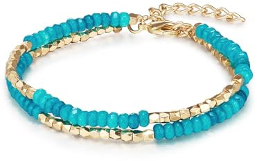 Lulu & Jane Damen Armband aus Messing mit Naturstein Modeschmuckarmband gelbgold türkis 2 reihig