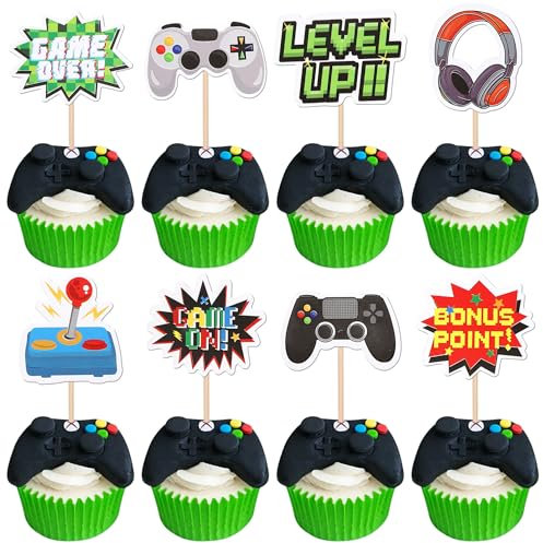 Xsstarmi 40 Pack Video Game Theme Cupcake Toppers Lever Up Game Over Cupcake Picks Game On Controllers Cake Decorations for Game Theme Baby Shower Kids Birthday Party Supplies