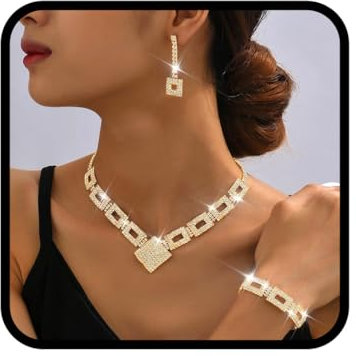 Fashband Kristall-Braut-Hochzeitsschmuck-Set, silberne Strasssteine, Halskette und Ohrringe, formeller Modeschmuck für Frauen und Bräute (G-3, Einheitsgröße)