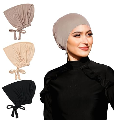 3 Stück Hijab Undercap, Kopftücher für Damen,Kopftuch Damen , Turban Damen Elastische,Islamische Muslimische Unterschal Hijab mit Tie Back,Chemo Kopfbedeckung Elastische Atmungsaktive Schlafhaube
