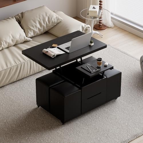 Homary Mesa De Centro Elevable con Almacenaje Oculto, 3 En 1 Moderna Mesa De Centro Plegable Multifuncional con 4 Taburetes Y Ruedas, Negro