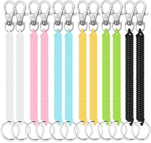 TRKETK 12 Pièces Porte-Clés en Spirale, Porte-Clés en Spirale Extensible Porte-Clés à Ressort en Plastique Porte-Clés Spirale Élastique pour Voyage, Travail, Camping, Téléphone Portable, 6 couleurs
