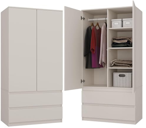 WHATSIZE ENTERPRISE Double Wardrobe with Drawers - 2 Door Bedroom Wardrobe | with Hanging Rail and Shelves - Modern Cashmere Closet for Clothes Storage, Easy to Assemble Bedroom Furniture