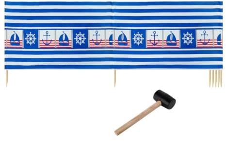 Ladeheid Windschutz Strand Strandzubehör Sichtschutz Holzstäbe LAEX001 | Mit Gummihammer, Strand Sichtschutz für Camping, Windfang im Sand, maritimes Muster, praktisches Strandzubehör mit Holzstäben