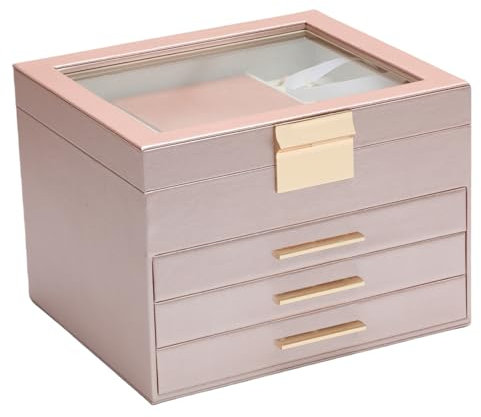 BOOVO Clear Lid Jewelry Box,3 Layers Jewelry Organizer Large Jewelry Storage Box with 2 Drawers,Jewelry Holder Organzier of Rings Earrings Necklace Bracelets for Women (Rose Gold, 4 Layer)