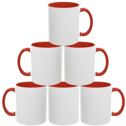 Sublimation Mugs 11oz Blank with Coloured Handle & Inner | Durable, Ceramic Mugs Perfect for Custom & DIY Printing, Gifts for Loved Ones | Available in Multiple Colour & Packs | Red Pack of 6