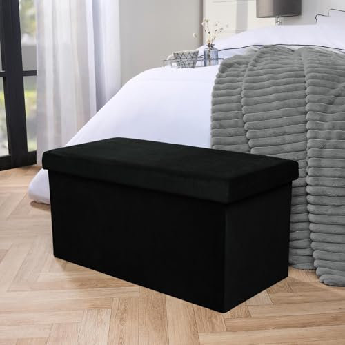 OHS Rectangle Ottoman Storage Box, Matte Velvet Padded Foldable Bench with Hidden Storage & Lid Upholstered Footrest For Living Room & Bedroom Space Saving Organising Box Black