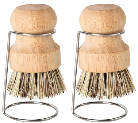 Natural Coconut Fiber Pot Scrubber Brushes with Quick-Dry Stand, Rubberwood Handle for Stubborn Pans & Kitchen Cleaning,2Pcs