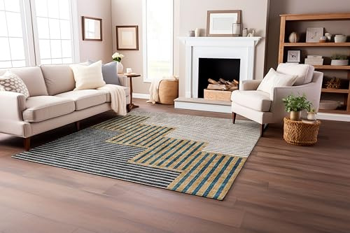 PHT Home Washable Area Rug 5x7 – Non-Slip Short Pile Carpet for Living Room, Bedroom & Dining – Modern Design in Teal, Gold & Gray – Pet & Kid Friendly (Geometric)