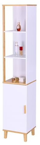 Relaxdays Badezimmerschrank mit Tür, HBT: 169x33x31 cm, 5 Fächer, Bambus, MDF, hoch, schmal, Bad Hochschrank, weiß/Natur