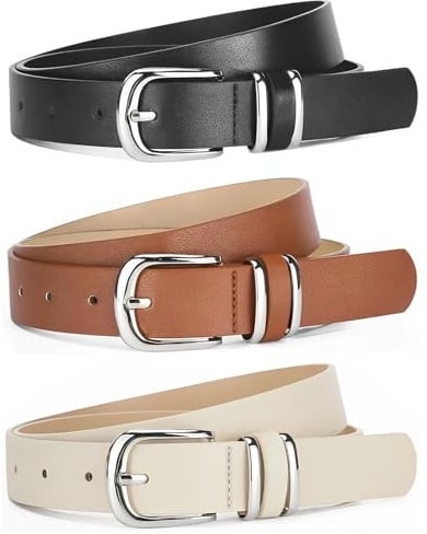 Dwitkul 3 Stück Gürtel Leder Damen Ledergürtel Damengürtel mit Silberner Metallschnalle Taillengürtel Mode Leder Taille Gürtel für Frauen Jeans Hosen Kleider (Schwarz, Braun, Beige) (Stil B)