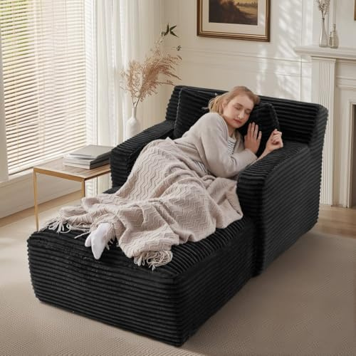 DRIXNO Ecksofa mit Schlaffunktion, Cord Schlafsofa, Sofa Bett mit Kissen, Relaxsessel mit Federführung, Modulares Sofa, Schlafsessel für Wohnzimmer, Schlafzimmer, Büro, Platzsparend, Schwarz