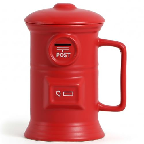 ZONSUSE Postbox Mug with Lid, Novelty Ceramic Coffee Mug, Creative Retro Mailbox Coffee Cup, Funny Coffee Mug Gift for Men, Unique Post Box Mug, Vintage Desk Decoration Coffee Cup 500ml (Red Postbox)