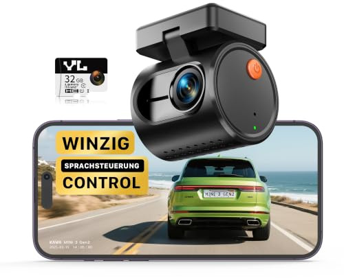 KAWA Winzige Dashcam, Sprachsteuerung & WLAN 2K Mini-Kamera fürs Auto | 1296P QHD, G Sensor, inkl. 32 GB TF Karte, App Steuerung, WDR/3D DNR, Super Nachtsicht, 24 h Parküberwachung