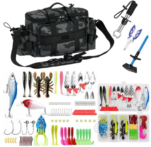 QKTYB Angelset Komplett 111 Teilig mit Angeltasche, 107 Köder & Angelzubehör, Angelzange, Hakenlöser, Fischgreifer für Hecht Barsch Forelle