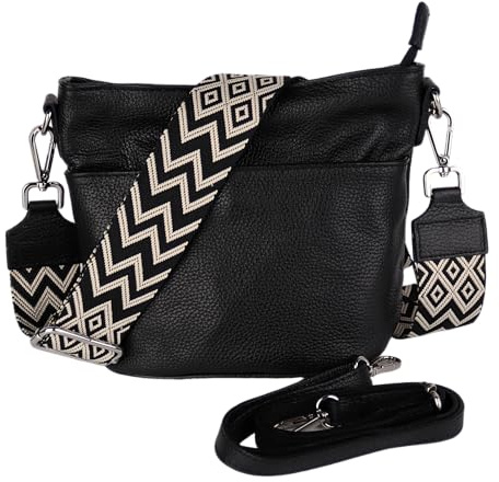 MIRROSI Damen Umhängetasche, Crossbody Bag, Echtleder I Made in Italy (1 Tasche 1 oder 2 Gurt(e)), 24x18x12cm (BXHXT) Mittelgroß (Upgrade Version (mit 2 Gurte): Schwarz Boho)