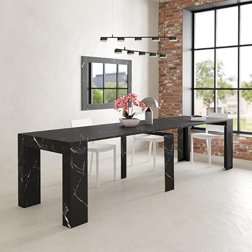 Cybert Tavolo Consolle Allungabile fino a 3 Metri – 12 Posti – Piano MDF – Guide Telescopiche Alluminio – Da Console 50 cm a Tavolo Pranzo 300 cm – tavolo per 12 Persone (Nero marmo)