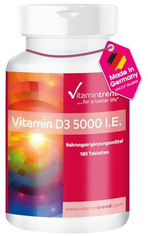 Vitamintrend Vitamin D3 5000 I.E., 180 Tabletten, schluckfreundlich, hochdosiert, Cholecalciferol, Nahrungsergänzungsmittel ohne Magnesiumstearat, in Deutschland hergestellt