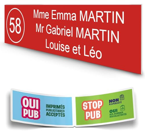 DECOHO - Plaque boîte aux lettres personnalisée adhésive - plastique durable rouge lettres blanches - 100x25 mm, 3 lignes, stickers STOP - Rouge