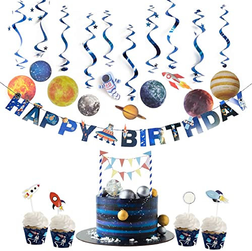 SUNBEAUTY Geburtstag Weltraum Dekoration Set UFO Girlande Planeten Spiralen Raumschiff Kuchendeko Kindergeburtstag Deko