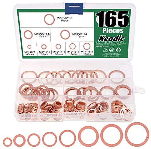 Keadic 165 Pcs Copper Flat Washers Assorted Kit, 8 Sizes (M6-M20), Metric Plain Washers for Home DIY, Factories, Repair, Construction