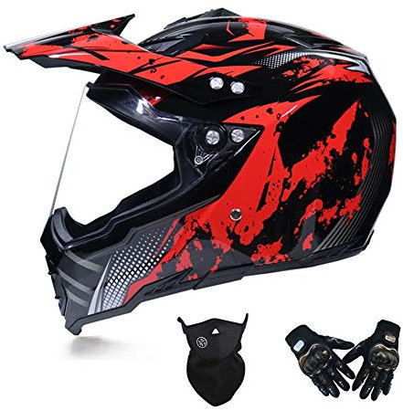 Motocross Helm mit Visier, Crosshelm Set mit Handschuhe Maske, Motorrad Fullface Offroad Helm Motorradhelm Schutzhelm Sicherheit Schutz Kit für MTB Enduro BMX Downhill, 3 Farben,Rot,M