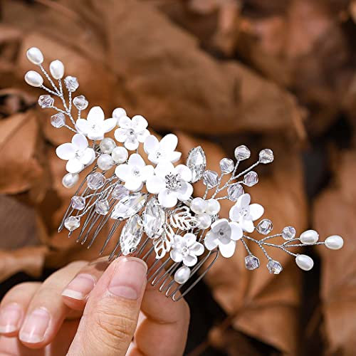 IYOU Prinzessin Silber Blume Kristall und Perle Haarkämme Braut Hochzeit Kopfschmuck Zubehör für Mädchen und Frauen